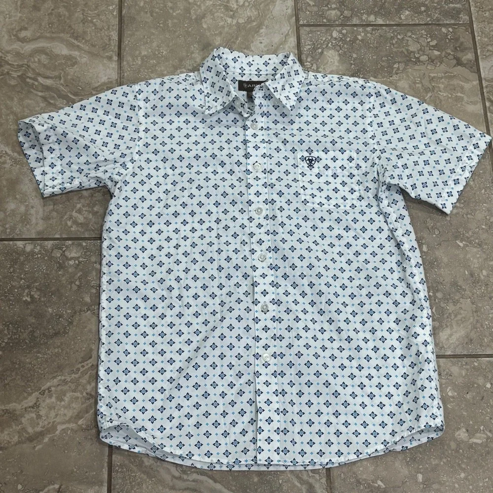 Ariat Boys Perseus CAV Short Sleeve Button Down Shirt Blue White XL 18 10042695